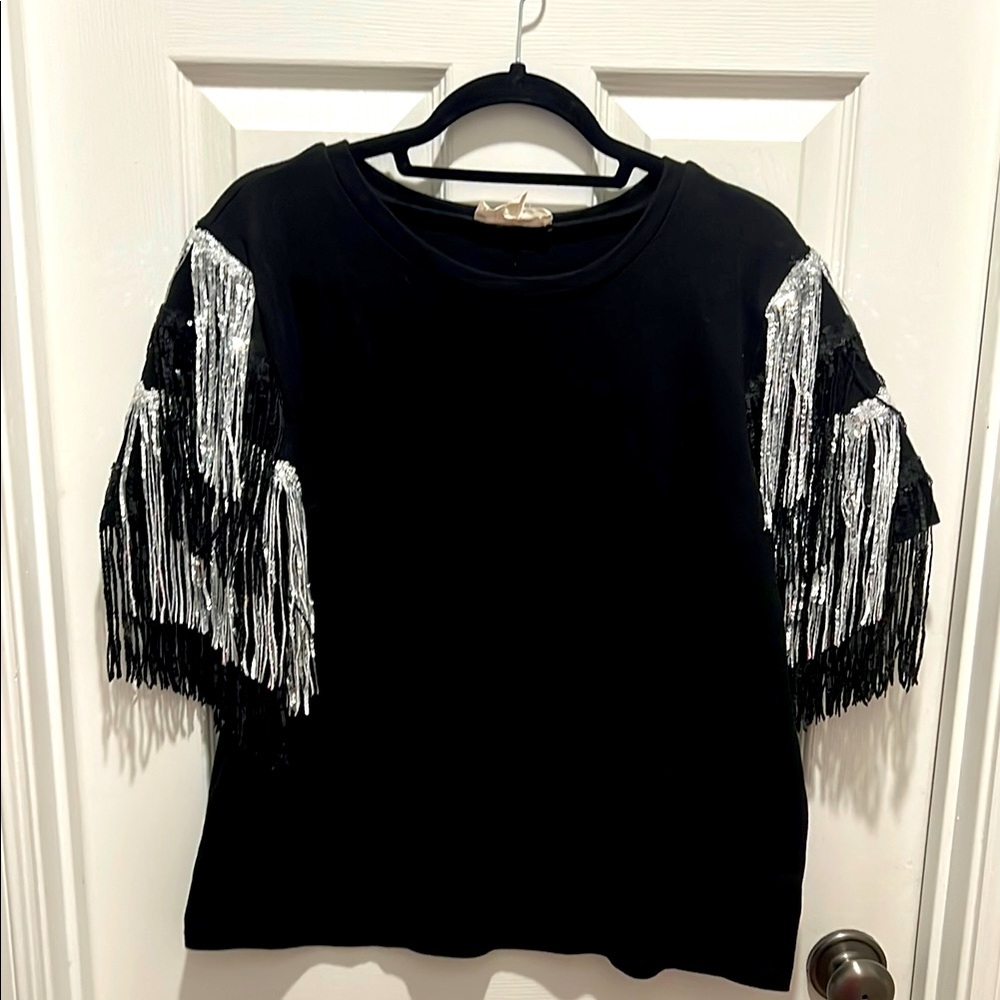 Peach Love California Black Top with sequence sleeves.